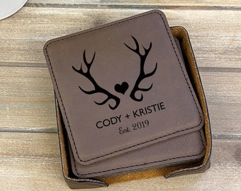 Personalized Antler Coasters, Set of 6 Leather Coasters, Housewarming Gift, Wedding Gift, Anniversary Gift