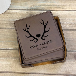 Personalized Antler Coasters, Set of 6 Leather Coasters, Housewarming Gift, Wedding Gift, Anniversary Gift