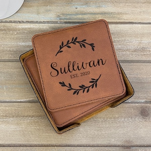Personalized Coasters Set of 6, Engraved Coasters, Housewarming Gift, Leather Coasters, Wedding Gift, Anniversary Gift, Bridal Shower Gift