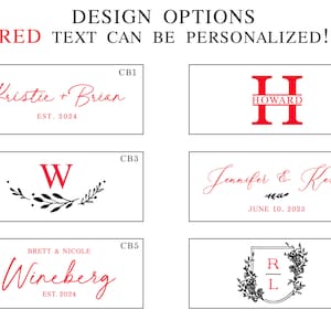 May include: Six different design options for personalised wooden signs. The designs feature names, dates, and initials in red text with black accents. The designs include a wreath with leaves, a shield with a monogram, and a simple initial.