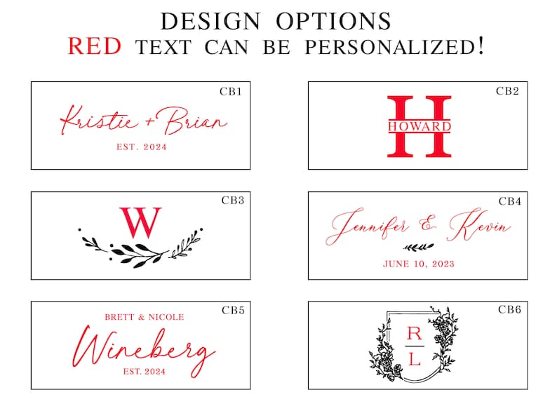 May include: Six different design options for personalised wooden signs. The designs feature names, dates, and initials in red text with black accents. The designs include a wreath with leaves, a shield with a monogram, and a simple initial.