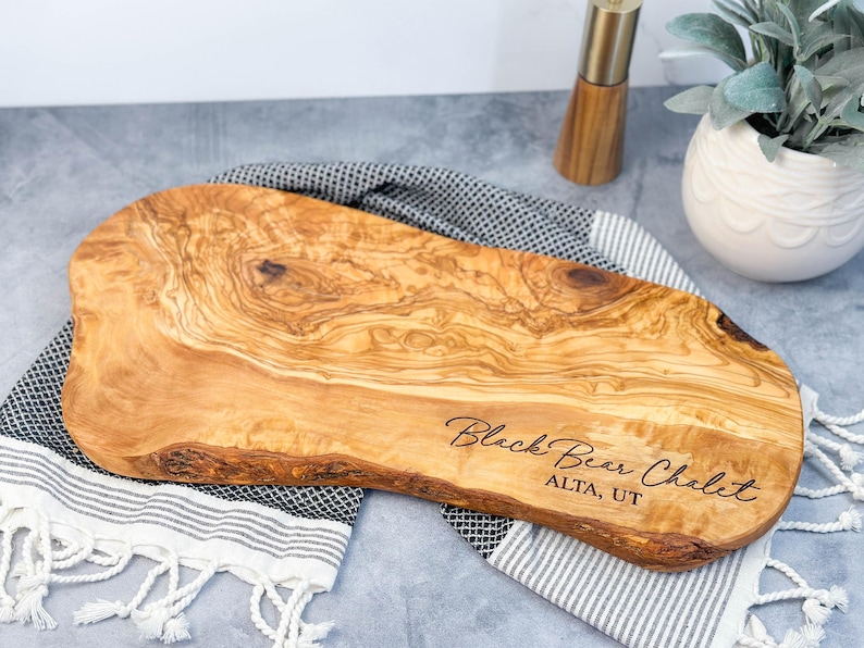 Olive Wood Custom Charcuterie Board, Personalized Cheese Board, Rustic Natural Edge Cutting Board, Personalized Wedding Gift, Couples Gift image 7