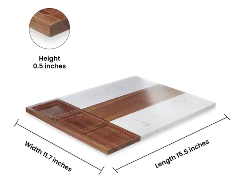 May include: A rectangular serving tray with a white marble top and a wooden base. The tray has three small wooden compartments on one side. The tray measures 15.5 inches long, 11.7 inches wide, and 0.5 inches high.