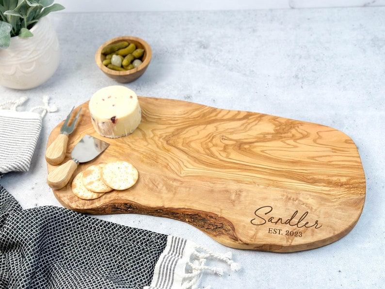 Olive Wood Custom Charcuterie Board, Personalized Cheese Board, Rustic Natural Edge Cutting Board, Personalized Wedding Gift, Couples Gift image 3