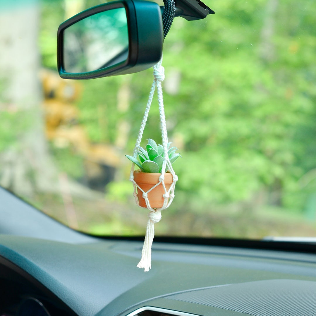 1pc Car Rearview Mirror Decor Handmade Woven Bonsai Ornament Boho