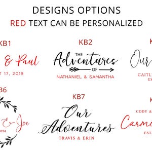 May include: Image showcasing design options for personalized text. The text "DESIGNS OPTIONS" and "RED TEXT CAN BE PERSONALIZED" are at the top. Examples include names and dates in various fonts, with some text in red.