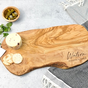 Olive Wood Custom Charcuterie Board, Personalized Cheese Board, Rustic Natural Edge Cutting Board, Personalized Wedding Gift, Couples Gift image 10