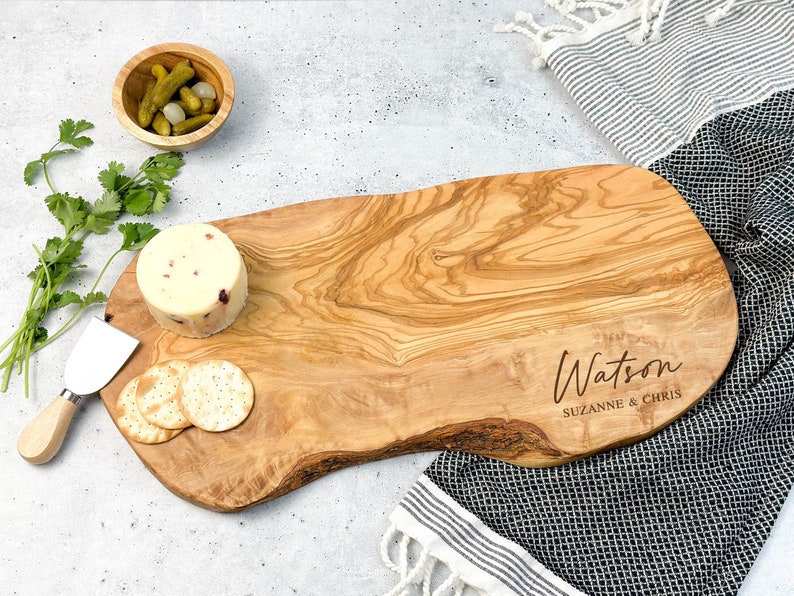 Olive Wood Custom Charcuterie Board, Personalized Cheese Board, Rustic Natural Edge Cutting Board, Personalized Wedding Gift, Couples Gift image 10