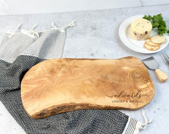 Personalized Olive Wood Charcuterie Board, Custom Cheese Board, Anniversary Gift, Natural Edge Cutting Board, Personalized Wedding Gift