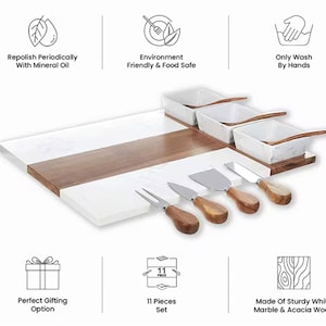 May include: A white marble and acacia wood cheese board with four small white marble bowls, four wooden spreaders, and a cheese knife. The set includes 11 pieces and is perfect for entertaining.