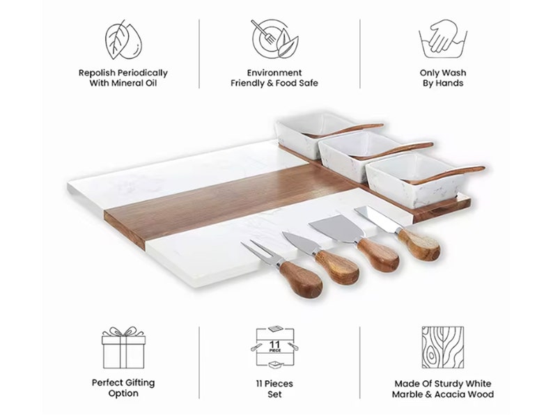May include: A white marble and acacia wood cheese board with four small white marble bowls, four wooden spreaders, and a cheese knife. The set includes 11 pieces and is perfect for entertaining.