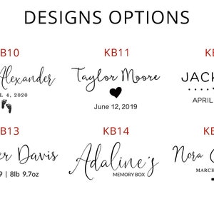 May include: Five different designs for a personalized memory box. The designs include names, dates, and symbols like footprints, a heart, a star, and a cross.