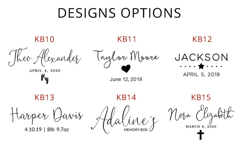 May include: Five different designs for a personalized memory box. The designs include names, dates, and symbols like footprints, a heart, a star, and a cross.