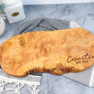 Olive Wood Custom Charcuterie Board, Personalized Cheese Board, Rustic Natural Edge Cutting Board, Personalized Wedding Gift, Couples Gift image 4