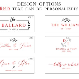May include: A set of ten different design options for personalised wooden signs. Each sign features a different design with a black and white floral motif and red text. The text includes names, dates, and phrases like "The Ballard Family" and "Dakota & Tony Est. 2024".