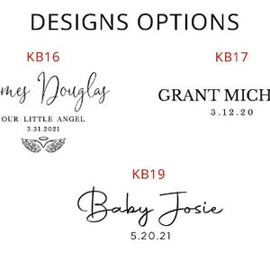 May include: Three different designs for a memorial or remembrance. The first design says "James Douglas" with the text "Our Little Angel" and the date "3.31.2021". The second design says "GRANT MICHAEL" with the date "3.12.20". The third design says "Baby Josie" with the date "5.20.21".