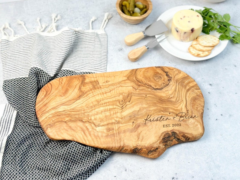 Olive Wood Custom Charcuterie Board, Personalized Cheese Board, Rustic Natural Edge Cutting Board, Personalized Wedding Gift, Couples Gift image 6