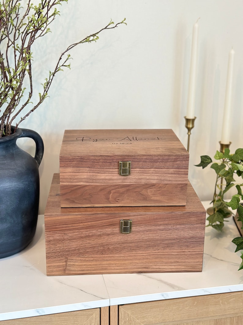 Personalized Walnut Keepsake Box, Wedding Memory Box, Jewelry Photo Box, Anniversary Gift, Bridal Shower Gift, Rustic Wood Box, Couples Gift