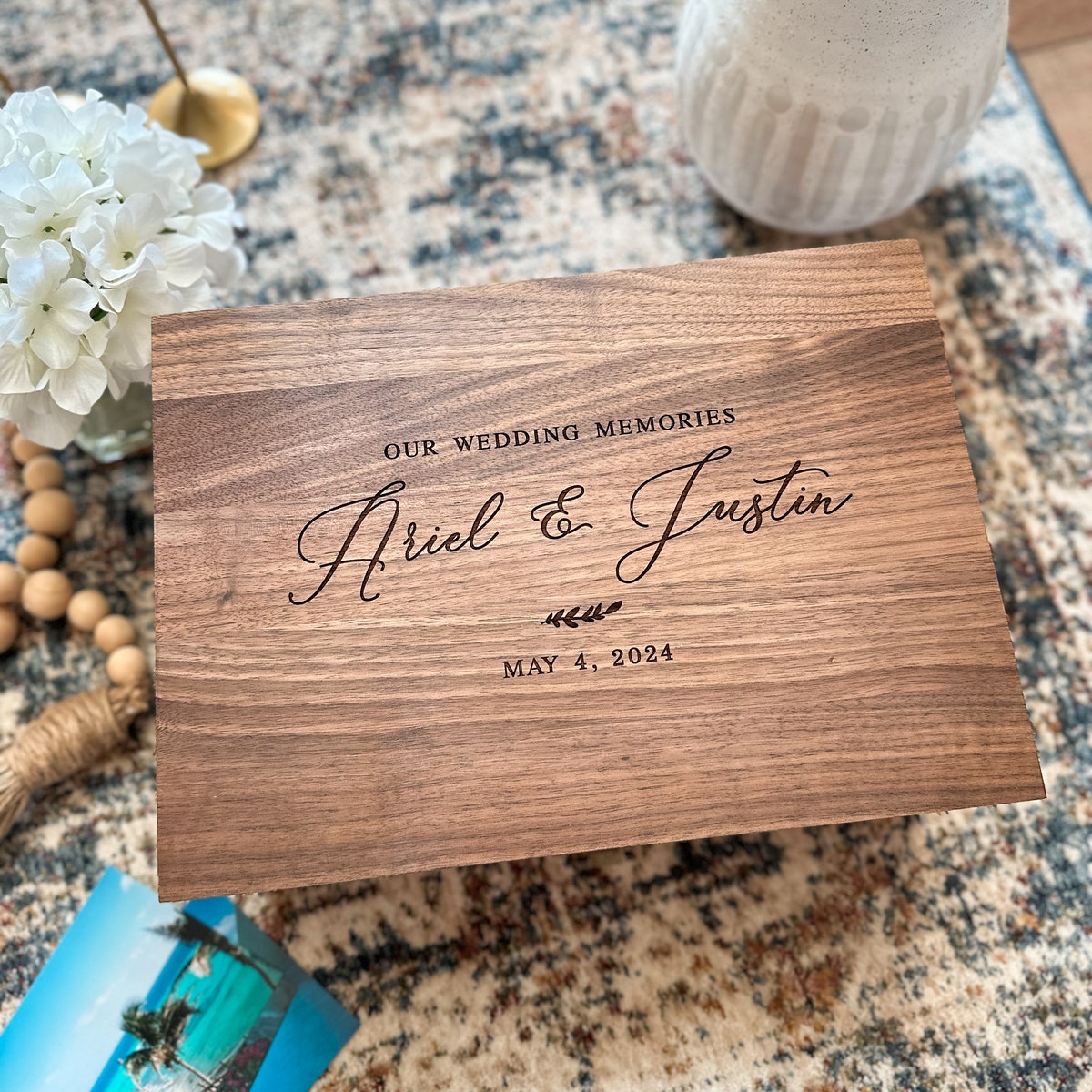 Personalized Keepsake Box Wedding Memory Box, Wood Photo Box, Anniversary Gift Bridal Shower Gift For Couple, Rustic Wooden Jewelry Box