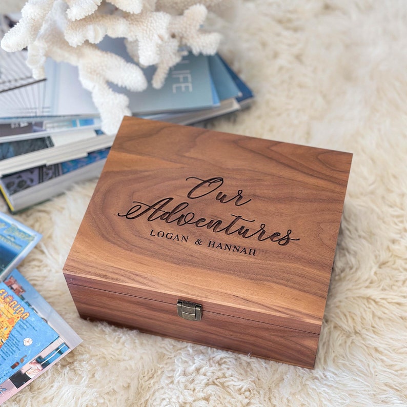 Personalized walnut keepsake box with latch and hinge.