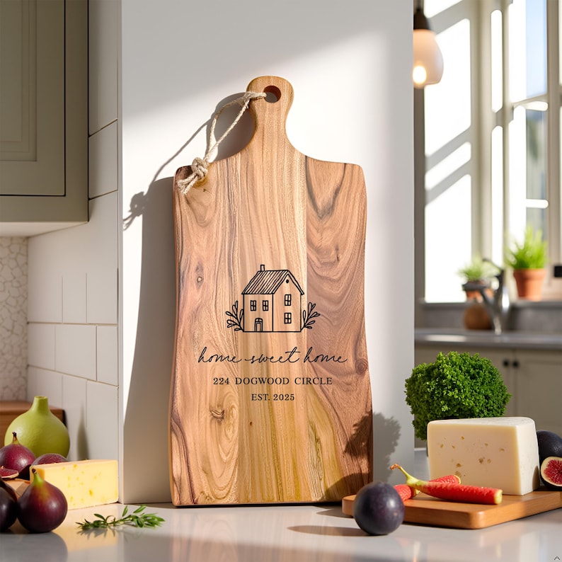 Pu&ograve; includere: Un tagliere rettangolare in legno con manico e corda per appenderlo. Il tagliere presenta una grafica nera di una casa, il testo "home sweet home", "224 DOGWOOD CIRCLE" e "EST. 2025" stampati sulla superficie in venature di legno naturale.