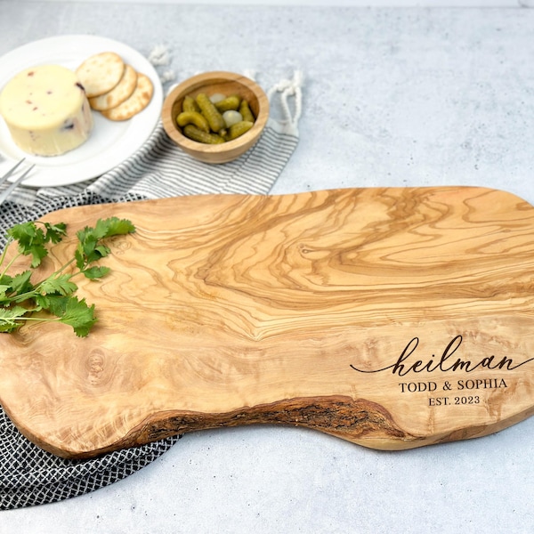 Personalized Olive Wood Charcuterie Board, Custom Cheese Board, Anniversary Gift, Natural Edge Cutting Board, Personalized Wedding Gift