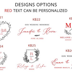 May include: Image showcasing six wedding design options with red text personalization. Designs include floral wreaths, heart-shaped frames, and monogram styles, each featuring names and dates. The text "DESIGNS OPTIONS" and "RED TEXT CAN BE PERSONALIZED" are also visible.