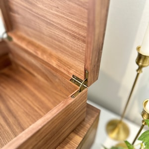May include: A wooden box with a hinged lid, the lid is open revealing the inside of the box. The box is made of a dark wood with a natural grain pattern. The hinges are made of brass.