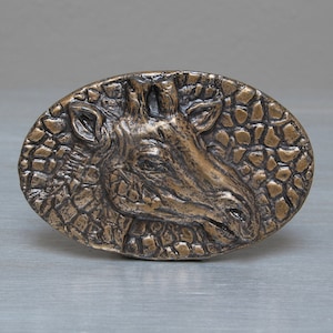 May include: Bronze-coloured oval decorative plaque with a detailed giraffe head. The giraffe's face is in profile, set against a textured background. The plaque is likely metal and has an antique finish.