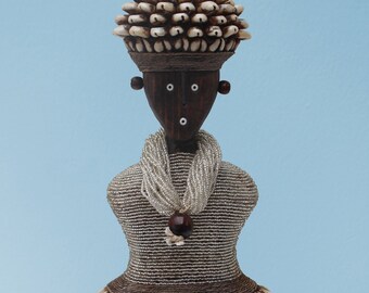 Choose from a set, single male / female silver Namji fertility dolls: beautifully crafted wooden dolls set on a wooden base clothed in beads