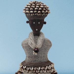 Choose from a set, single male / female silver Namji fertility dolls: beautifully crafted wooden dolls set on a wooden base clothed in beads Single female 28cm