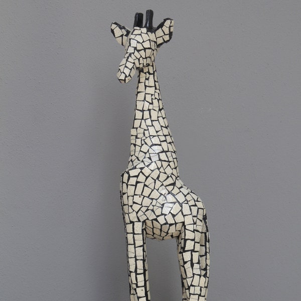 Mosaic eggshell giraffe (2 styles): Captured in a mosaic of cut ostrich eggshell, this piece is an evocative reminder of the African wild