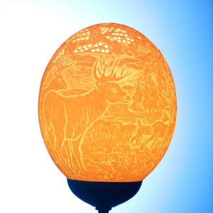 Könnte beinhalten: Eine geschnitzte Straußeneierlampe mit einer Hirsch- und Waldszene. Die Lampe ist beleuchtet und leuchtet orange. Die Lampe steht auf einem schwarzen Sockel.