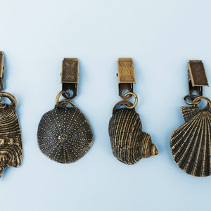 May include: Four gold-toned curtain tiebacks with different seashell designs. The tiebacks feature a clip at the top and a seashell design at the bottom. The seashells include a conch shell, a sand dollar, a scallop shell, and a clam shell.