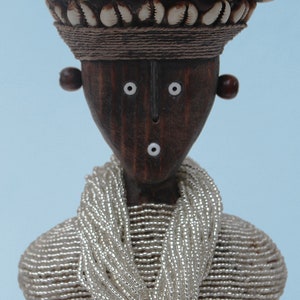 Choose from a set, single male / female silver Namji fertility dolls: beautifully crafted wooden dolls set on a wooden base clothed in beads image 2