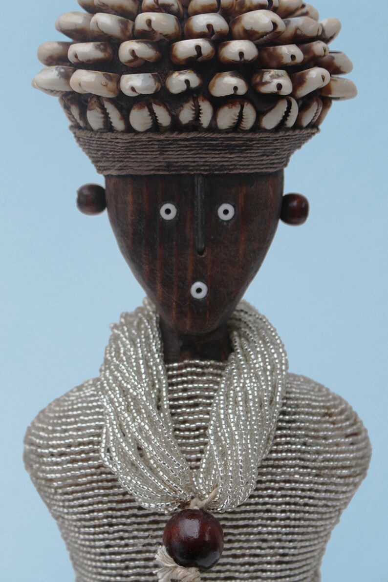 Choose from a set, single male / female silver Namji fertility dolls: beautifully crafted wooden dolls set on a wooden base clothed in beads image 2