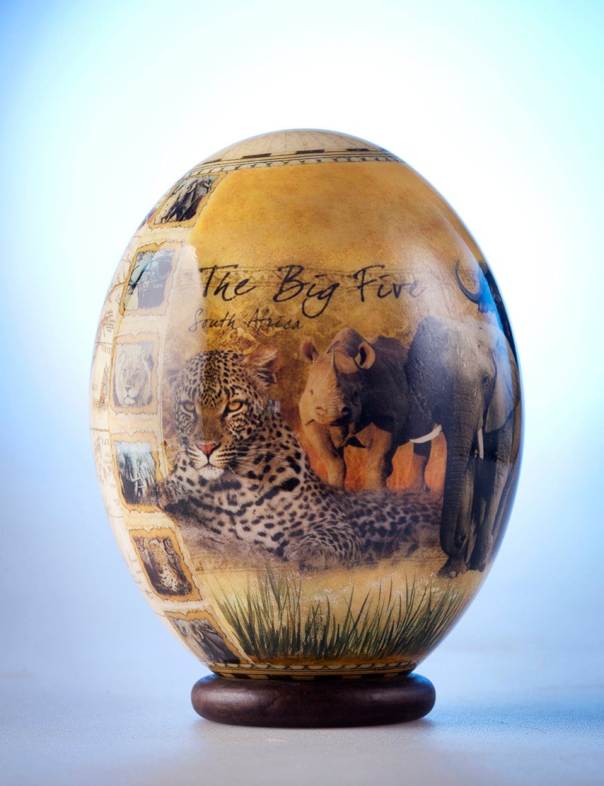 Decoupage Big 5 ostrich egg: this ostrich eggshell piece has been transformed by skilful decoupage depicting Africa's magnificent Big 5