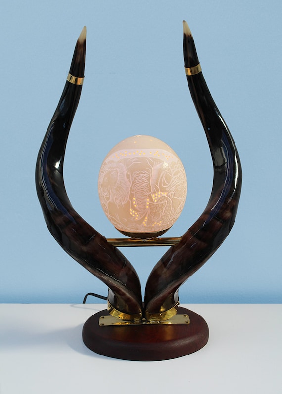 Big 5 Etched Ostrich Eggshell Set on a Kudu Horn Lamp the Big 5