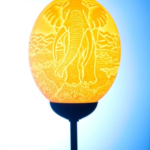 Elephant and Africa themed ostrich egg lamp: A detailed background of indigenous trees, an elephant and Africa is etched on an ostrich egg.