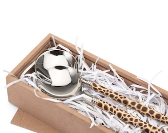 Silver-plated, light giraffe fimo clay pattern, matching sets, aesthetic utensils ideal for gift giving, packaged in wooden gift-boxes