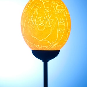 Big 5 night themed ostrich egg lamp: lion, the elephant, the rhino, buffalo and leopard lighting up this ostrich eggshell lamp.
