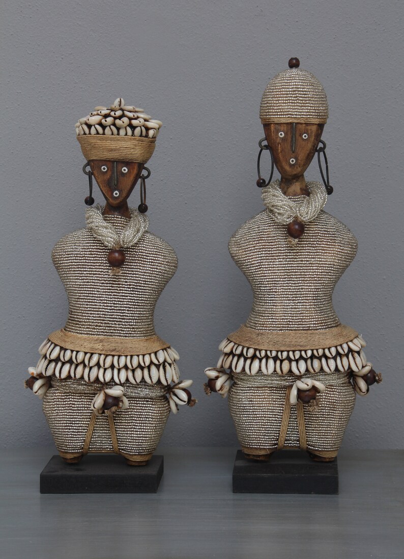 Choose from a set, single male / female silver Namji fertility dolls: beautifully crafted wooden dolls set on a wooden base clothed in beads Set of male & female