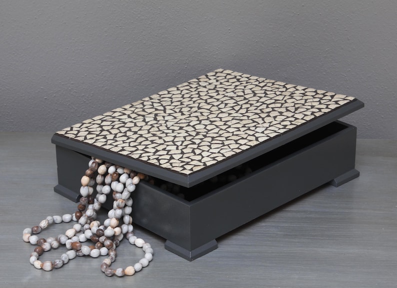 African gift box: this display storage box comes in two sizes, is rendered in grey hues and is encrusted with mosaic pieces of ostrich egg image 1