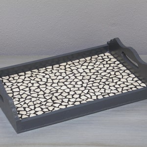 Mosaic eggshell tray: Elegant sophistication is assured with the naturally inspired design of this ostrich eggshell mosaic wooden tray