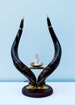 Sturdy polished kudu horn stand: Classic kudu horns are mounted together in this impressive stand with brass fixings to a solid wooden base 