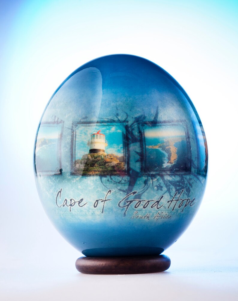 the famous lighthouse at the Cape Point in South Africa is decoupaged on an ostrich eggshell Decoupage Cape of Good Hope ostrich egg