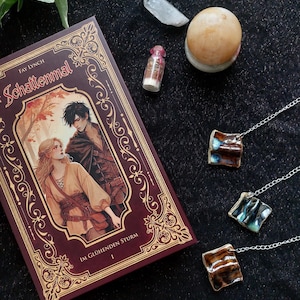 Könnte beinhalten: Ein Buch mit dem Titel Schattenmal Im Glühenden Sturm von Fay Lynch mit bordeauxfarbenem Einband und einer Illustration von zwei Personen, dazu drei quadratische Keramikanhänger an Silberketten, ein Glasfläschchen, ein Stein und ein Kristall.