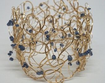 Blue Sapphire Gemstone 14k Gold Wire Wrap Bracelet