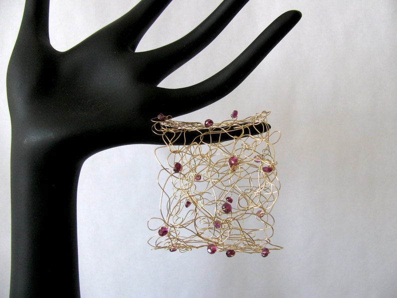 14k Gold Wire Wrap Bracelet with Rhodolite Garnet Gemstones image 1