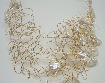 14K Gold Fill Wire Wrap Necklace with White Keshi Pearls